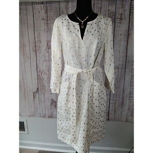 Boden Kelsey Tunic Dress 12L 100% Linen White/gold Exotic Floral Print Pockets